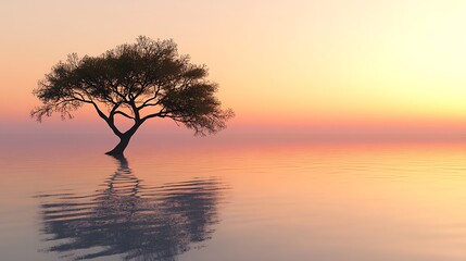A single tree stands alone in the water at sunset, its branches reaching towards the sky.