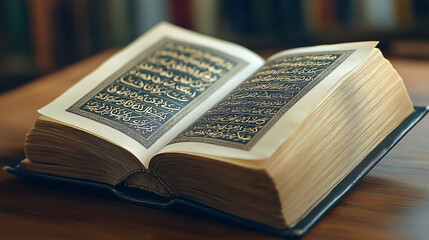 Obraz premium Ancient Wisdom Unveiled: An antique Quran, its delicate pages filled with elegant Arabic calligraphy, lays open on a wooden table, inviting contemplation and reflection. 