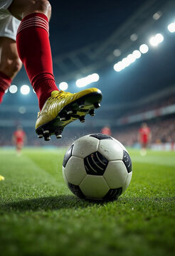 Fototapeta Close-up of a soccer player's boot striking a football, with detailed leg muscle and boot texture, against a blurred background.        