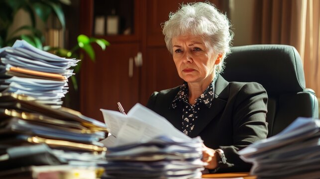 Dissatisfied senior business woman with a lot of paperwork