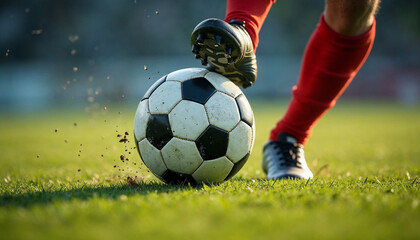 Close-up of a soccer player's boot striking a football, with detailed leg muscle and boot texture, against a blurred background.







