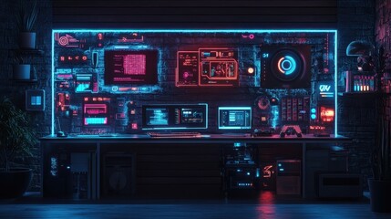 Futuristic Cyberpunk Gaming Room with Neon Lights and Futuristic Interface