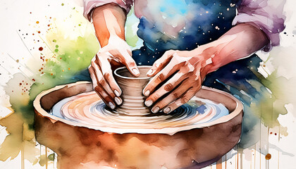Watercolor of a potter shapes a lump of clay on a spinning pottery wheel, his hands molding the form. Generative AI.