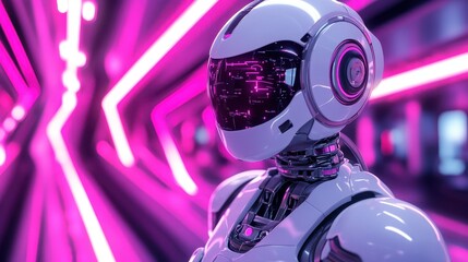 Fototapeta premium Futuristic Robot Head in Neon Lights
