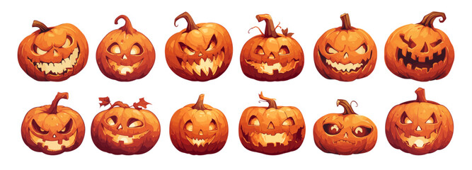 Fototapeta premium pumpkin lantern. halloween, jack o lantern emotions glowing orange evil candle symbol vector illustration set
