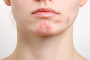 Obraz premium Close-up of woman`s face, the neck and skin around it with redness and pimples, content for medical and social publication about problem skin and cosmetology service, beauty poster, banner