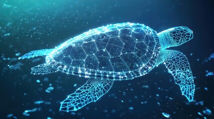 Fototapeta premium Abstract Sea Turtle Glowing Digital Art Wireframe Ocean Underwater D