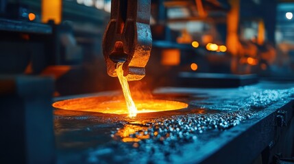 Metal casting process in a factory, molten metal being poured, industrial manufacturing environment