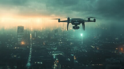 Drone flying over a foggy cityscape at night