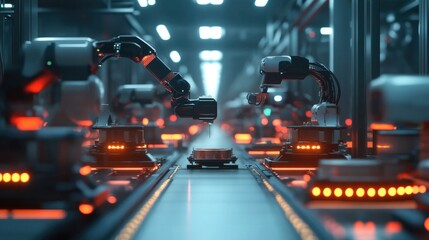 Naklejka premium Robotic automation in a high-tech factory, precision manufacturing, industrial environment