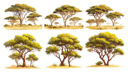 savanna landscape. trees safari, africa arid landscape vegetation nature vector illustration set