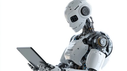 Naklejka premium AI robot operating tablet, white background, technology, modern design