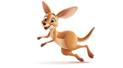 Cute kangaroo cartoon character hopping, isolated on white background, playful and animated