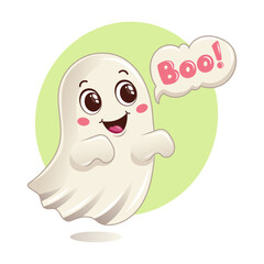 Cute cartoon ghost illustration with big eyes and a playful expression, saying Boo. Vector art