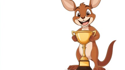 Kangaroo cartoon holding a trophy, white background, achievement theme, proud and victorious