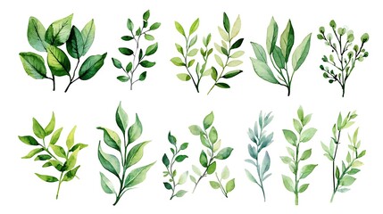 Watercolor floral set of green leaves, greenery, branches, twigs etc. Cut out hand drawn PNG illustration on a white background. Watercolour clipart drawing