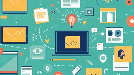 Educational technology graphic with icons of apps, virtual classrooms, and online resources