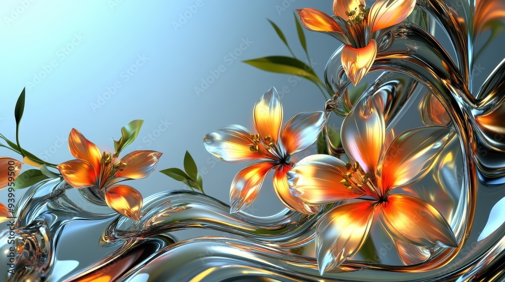 Poster Abstract Shiny Glass Flowers in Blue and Orange