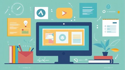 Fototapeta premium Online education infographic with symbols for webinars, virtual classrooms, and e-learning platforms
