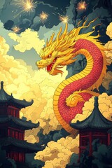 Obraz premium Chinese Dragon Ascending Through Clouds
