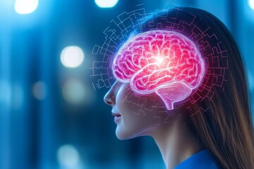 Profile of a woman with a glowing pink and blue brain representing futuristic neuroscience artificial intelligence and the digital transformation of human cognition in a high tech environment