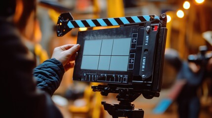 Close-up of a film clapperboard being snapped shut before a take