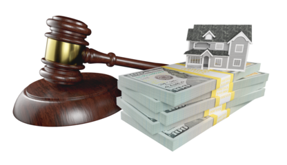 Miniature House with Stack of Money and Wooden Gavel Isolated. Transparent PNG.