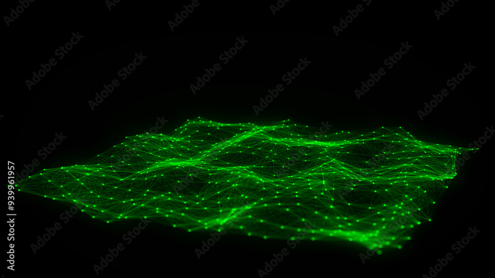 Leinwandbilder Green wave of particles and lines. Big data visualization. Abstract background with a dynamic wave. 3d rendering.