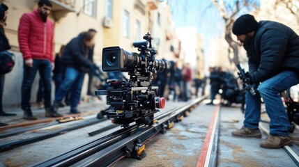 Film crew setting up a dolly track for a smooth camera movement