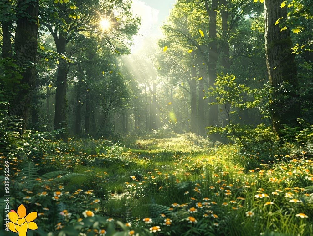 Wall mural sunbeams in a lush forest