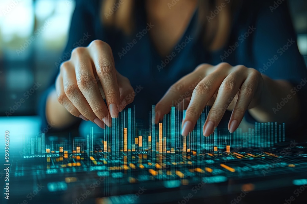 Poster hands manipulate a digital interface displaying colorful data visualizations in a contemporary works