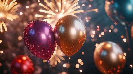 Golden and Pink Balloons Against a Fireworks Background