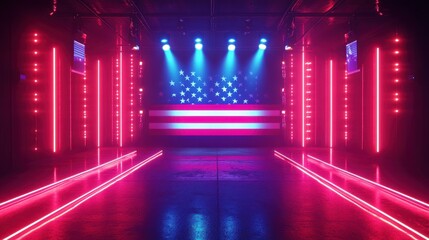 Neon Lights Stage Background American Flag USA Patriotic  D Rendering