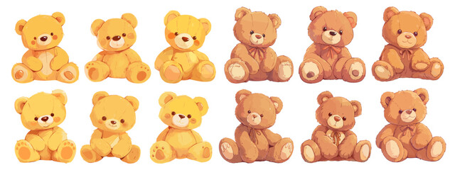 teddy bear. soft plush toy, child sitting fluffy animal cute brown yellow bow vector illustration set