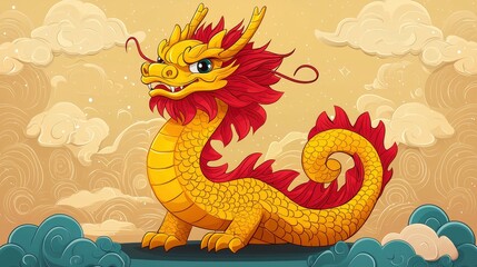 Obraz premium Cute Cartoon Dragon with Red and Gold Scales against a Cloudy Background
