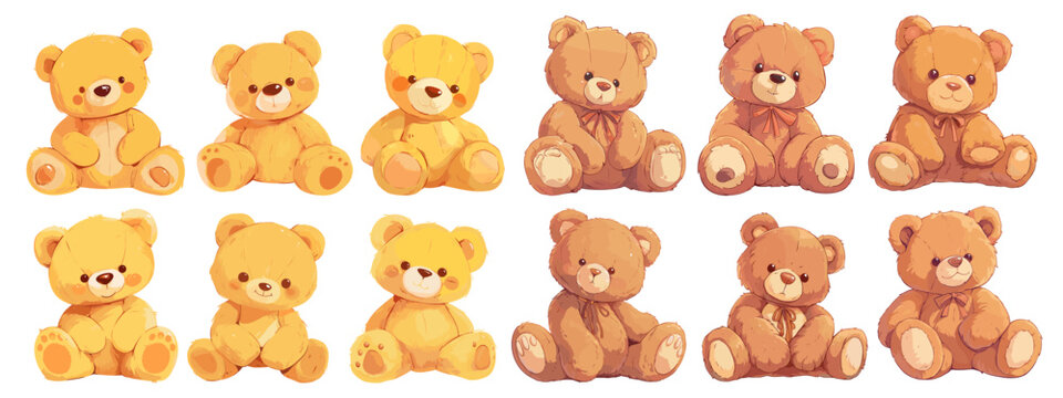 Naklejki teddy bear. soft plush toy, child sitting fluffy animal cute brown yellow bow vector illustration set
