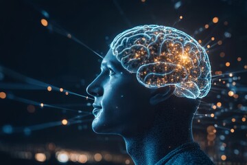 Obraz premium Profile of a woman with neural connections and a glowing brain symbolizing the complexity of human thought creativity and the neural networks that drive our cognition in a high tech world