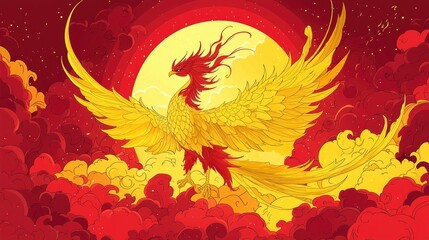 Obraz premium Mythical Phoenix Bird Rising in Red Sky