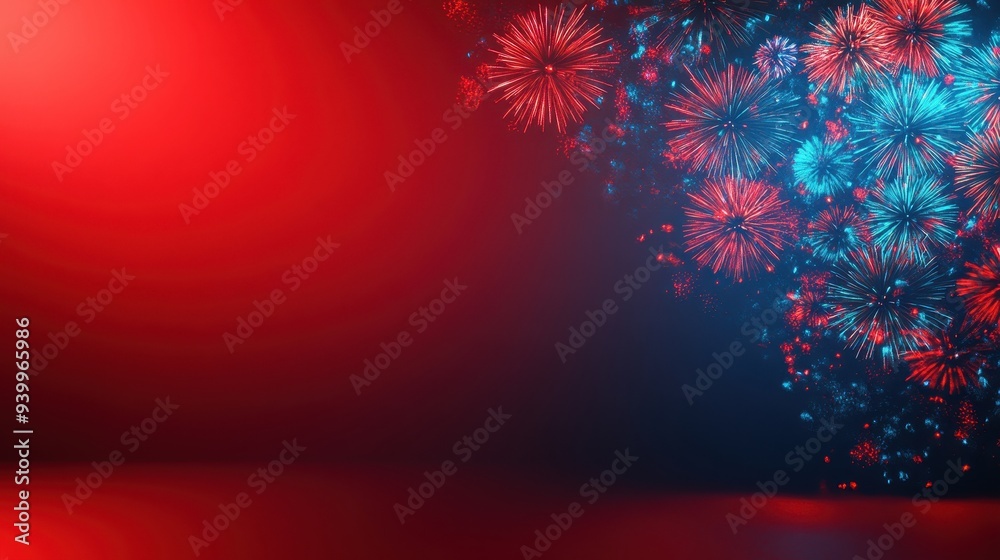 Wall mural Red and Blue Fireworks Background with Copy Space