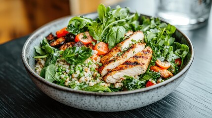 Grilled Chicken Salad with Quinoa  Peas  and Spinach in a Bowl