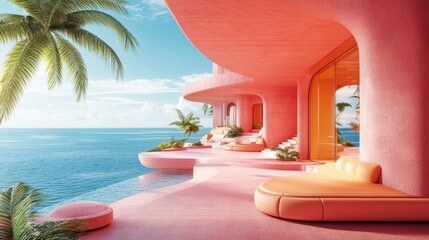Obraz premium Modern Minimalist Pink Architecture Design Sea View Terrace