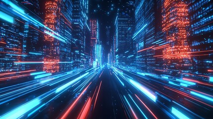 Fototapeta premium Speed light trails path through smart modern mega city and skyscrapers town with neon futuristic technology background, future virtual reality, motion effect, high speed light