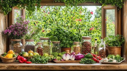 Obraz premium Fresh Produce and Herbs on Wooden Window Sill with Garden View