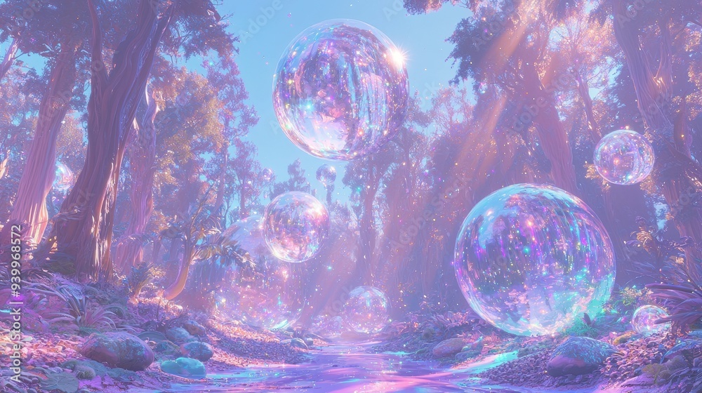 Sticker enchanted forest with iridescent bubbles and stream