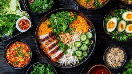 Delicious Asian Noodle Bowl with Chicken  Cucumber  Bean Sprouts  and Cilantro