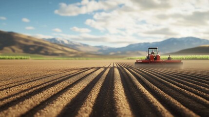 Fototapeta premium Tractor Plowing Field in Mountain Valley