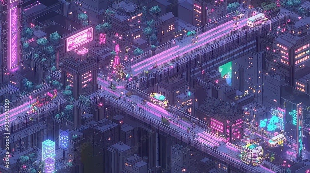 Poster futuristic cityscape with neon lights and flying cars