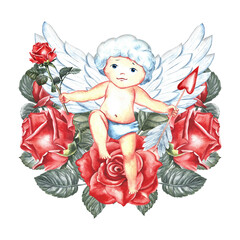 A cute little cupid in red roses. Hand-made watercolor illustration. For lovers, Valentine's day and weddings. For posters, greeting cards. For printing and stickers.