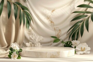 light beige marble stone podium stand for cosmetics and product display on abstract beige background with flowers and green leaves , ai