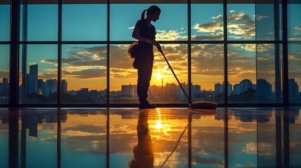 Silhouette of a Woman Cleaning a Floor in Front of a Window with a Sunset View.
